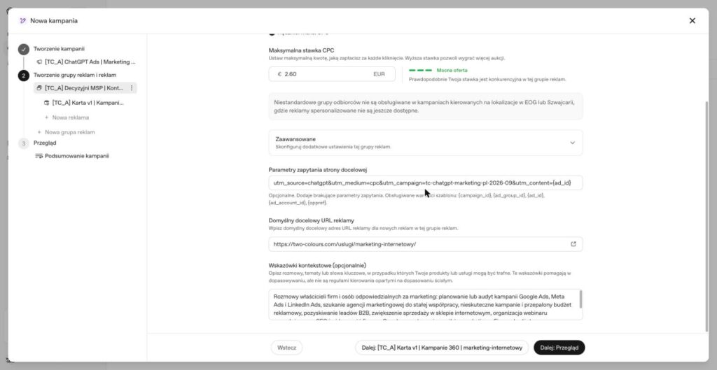 wskazówki pod realną grupę docelową na reklame w chatgpt ads