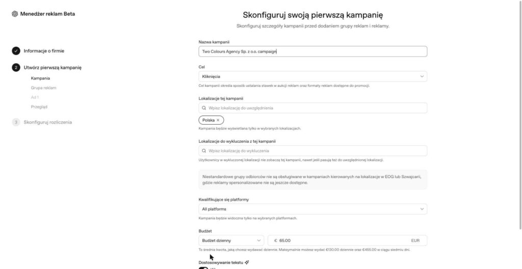 chatgpt ads: budżet dzienny w euro, cel kampanii i emisja na Polskę