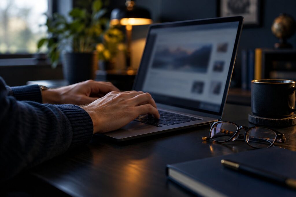 Audyt dostępności strony: dłonie na klawiaturze laptopa podczas sprawdzania nawigacji bez myszy, obok okulary do czytania