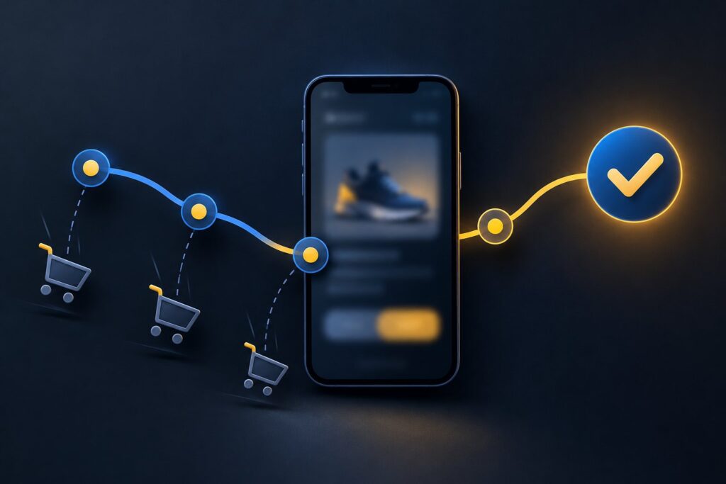Ilustracja ścieżki zakupu na smartfonie z koszykami spadającymi po drodze - porzucenia koszyka w checkout UX
