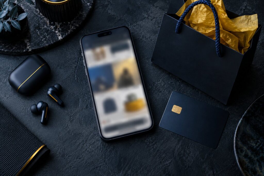 Smartfon, karta płatnicza i torba na zakupy na ciemnym blacie - checkout UX na telefonie