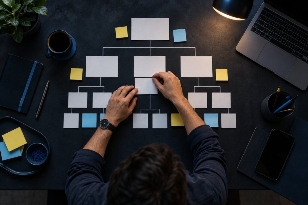 Projektant UX układa karty w drzewo struktury serwisu, planując nawigację na stronie firmowej