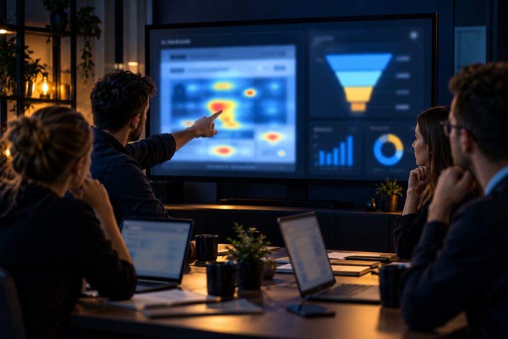 Zespół marketingu analizuje mapę ciepła i lejek sprzedaży: jak przełożyć szybką stronę na konwersję