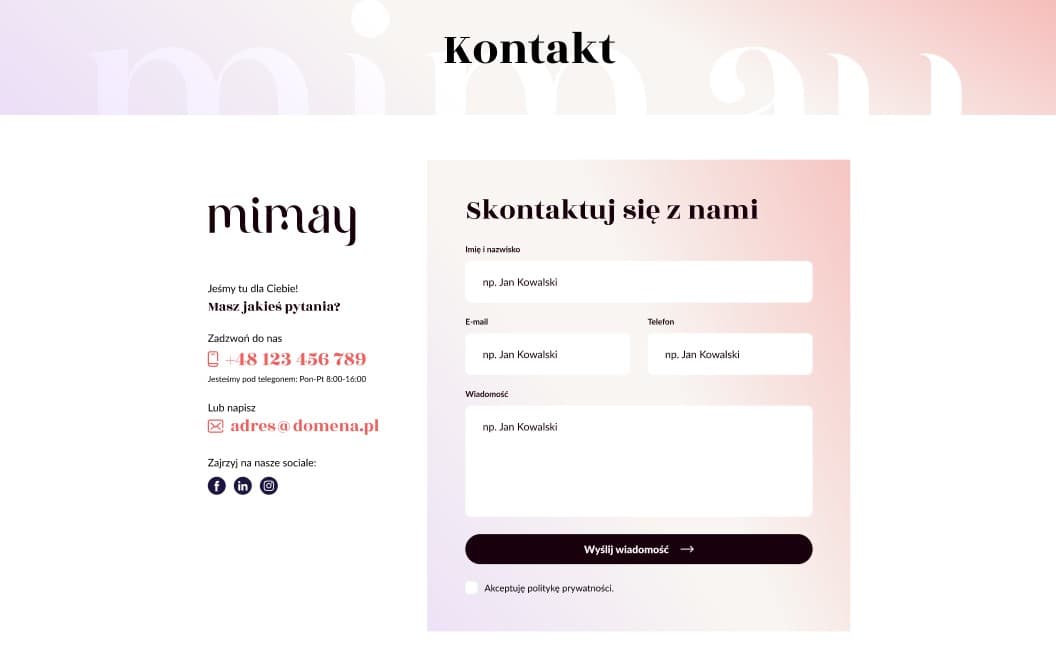 Formularz kontaktowy w sklepie internetowym Mimay