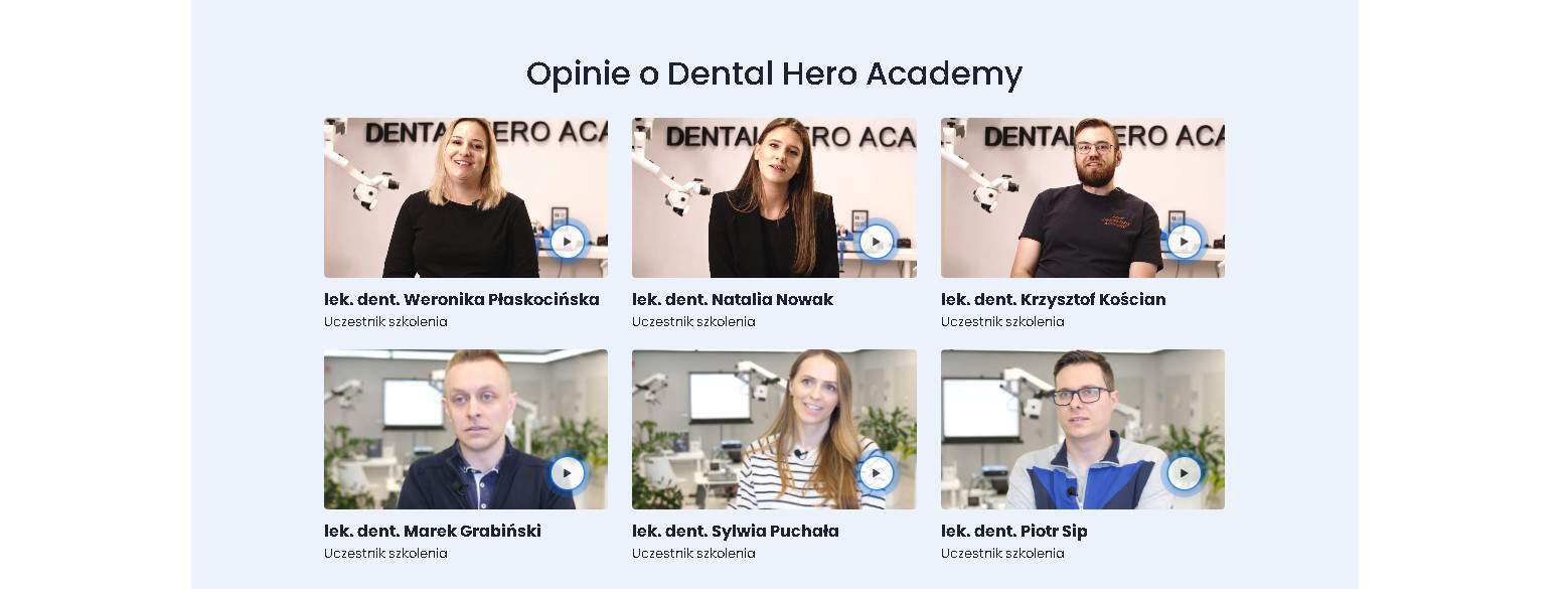 Materiały wideo z opiniami kursantów na stronie internetowej Dental Hero Academy